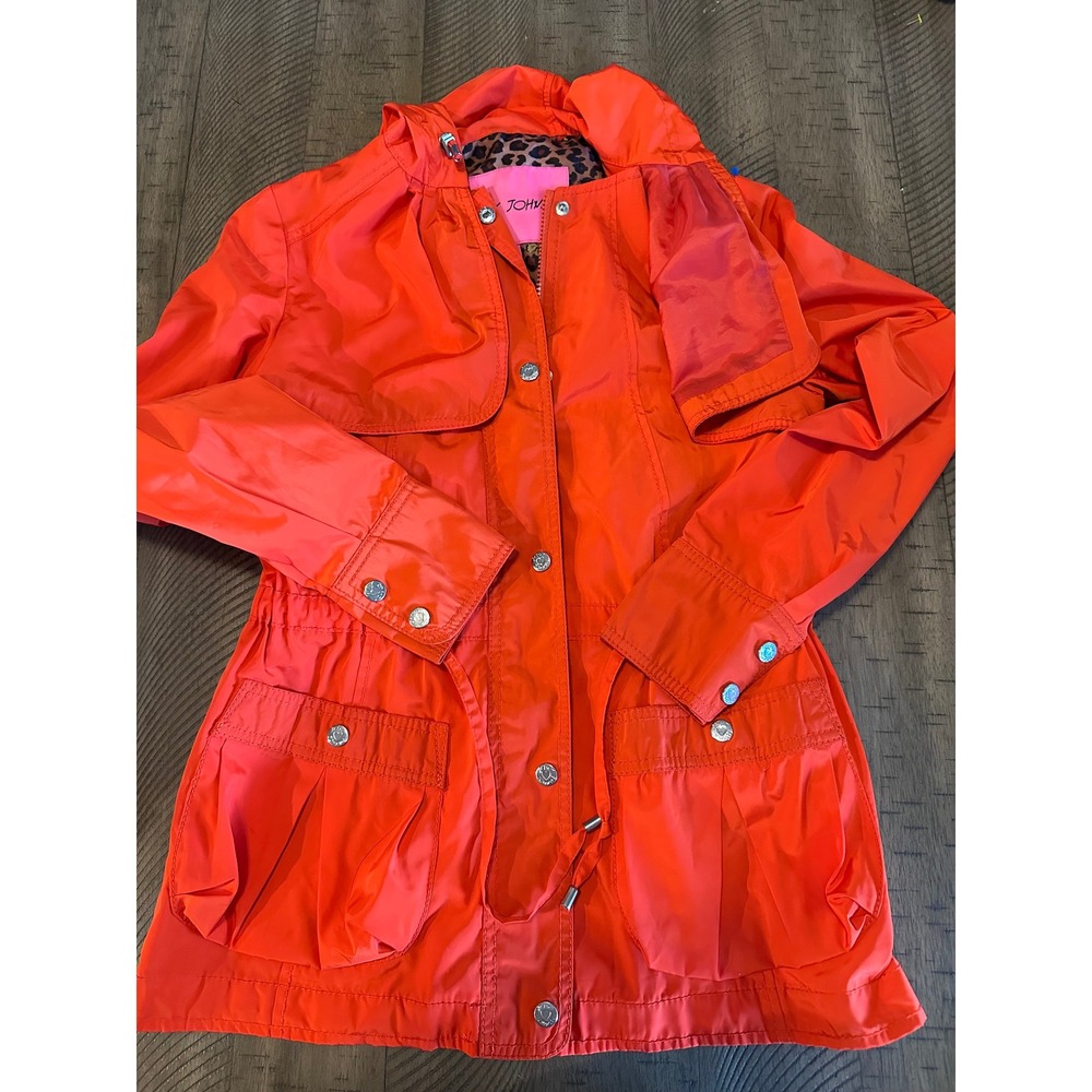 Betsey Johnson Vibrant Orange Anorak Rain Jacket – Leopard & Rose Lining – XS